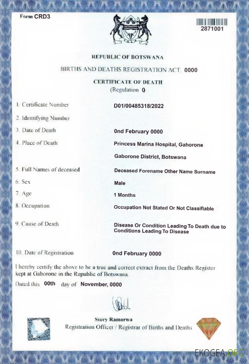 Modèle de certificat de décès du Botswana au format PSD